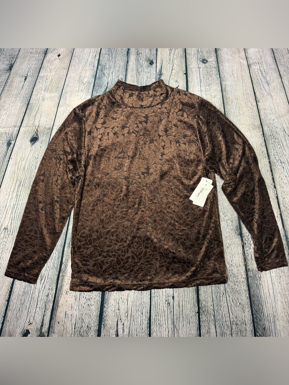 Vtg Worthington NWT Brown Floral Burnout Velvet Long Sleeve Mock Neck Top Size L